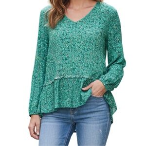 ⭐️PLEIONE Womens Green Floral Flowy Ruffle Oversized Blouse